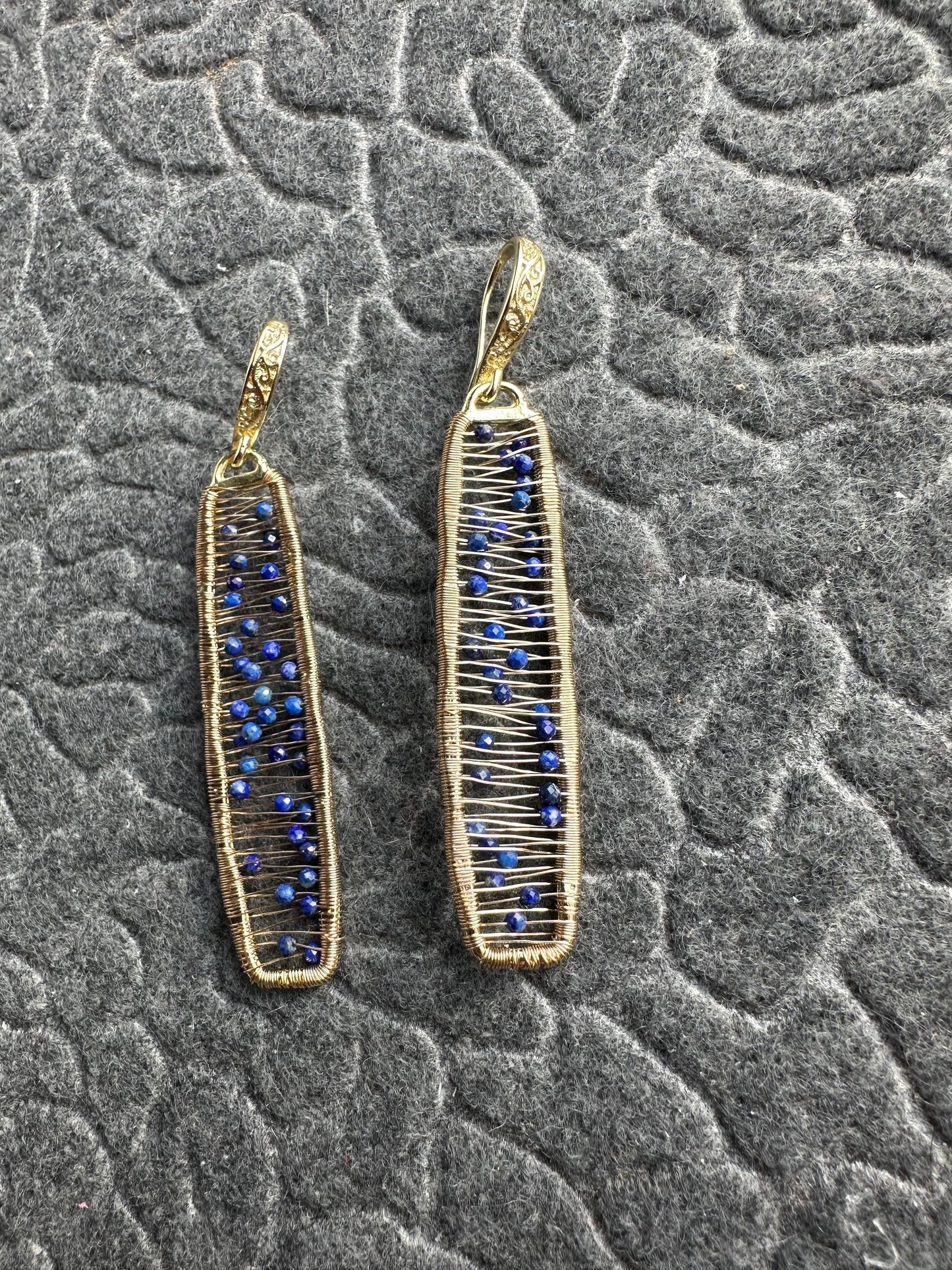 Handmade wire wrapped Earrings with 2mm Lapis Lazuli with gold plated 2.38inches length