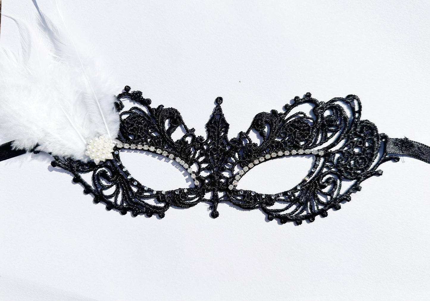 Black soft Lace Mask with clear Rhinestone and white feather , Embroidery Mask, Black Mask, Party Mask, Wedding Mask, Halloween Mask