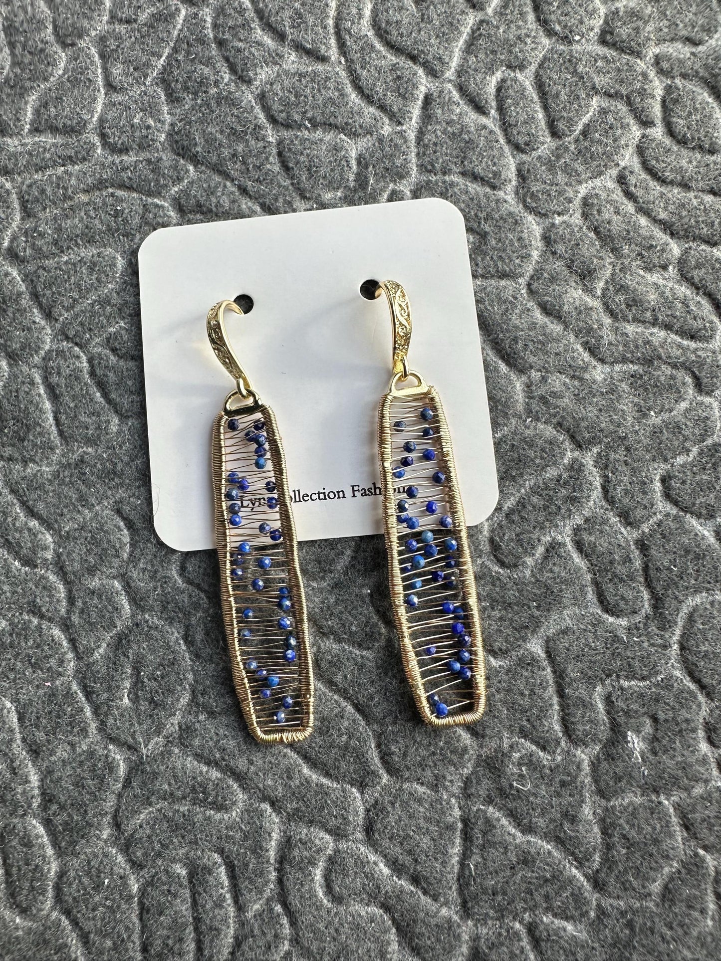 Handmade wire wrapped Earrings with 2mm Lapis Lazuli with gold plated 2.38inches length