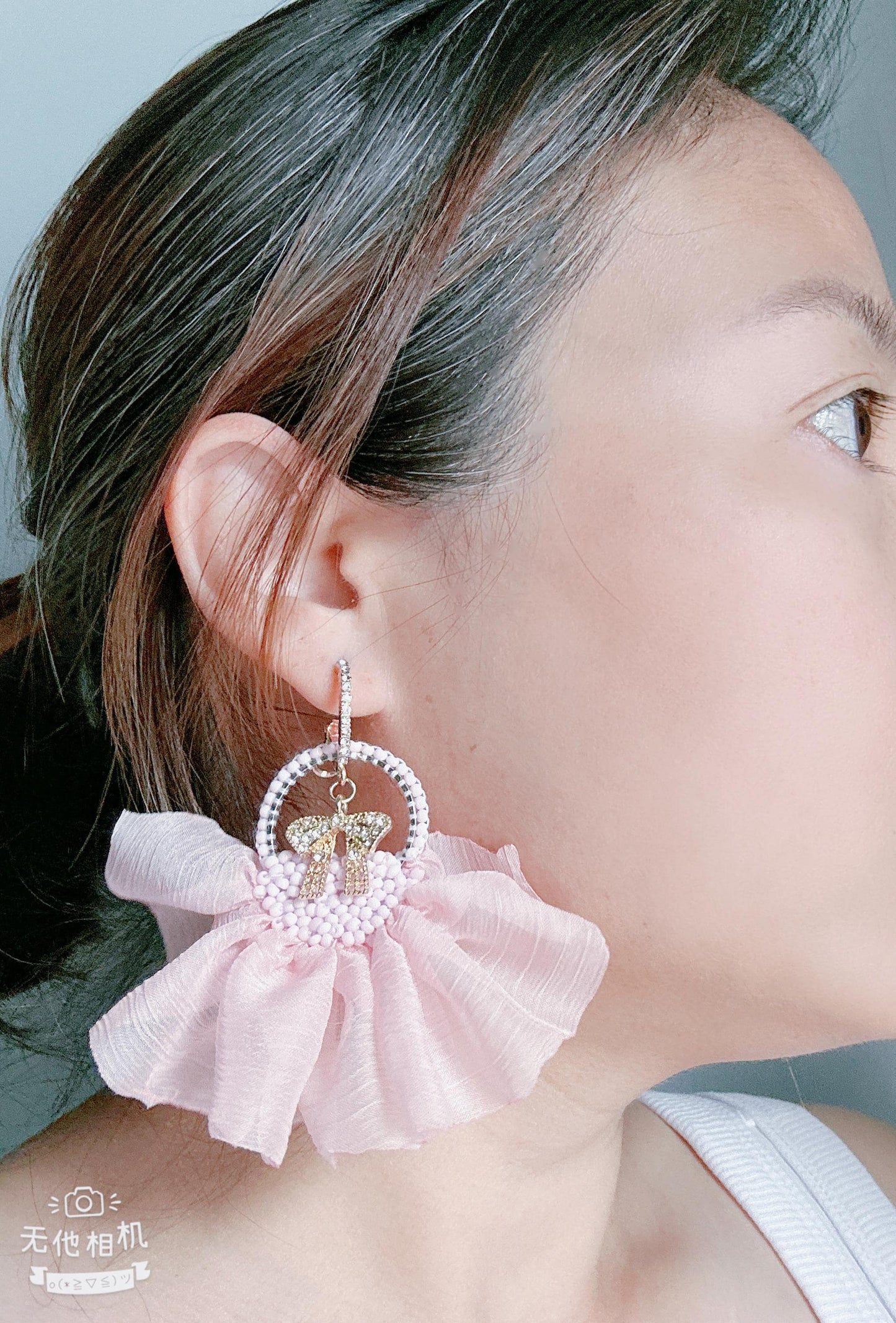 Gold Plated Dangle Earrings: Pink Crinkle Chiffon Ribbon, Glass Bead