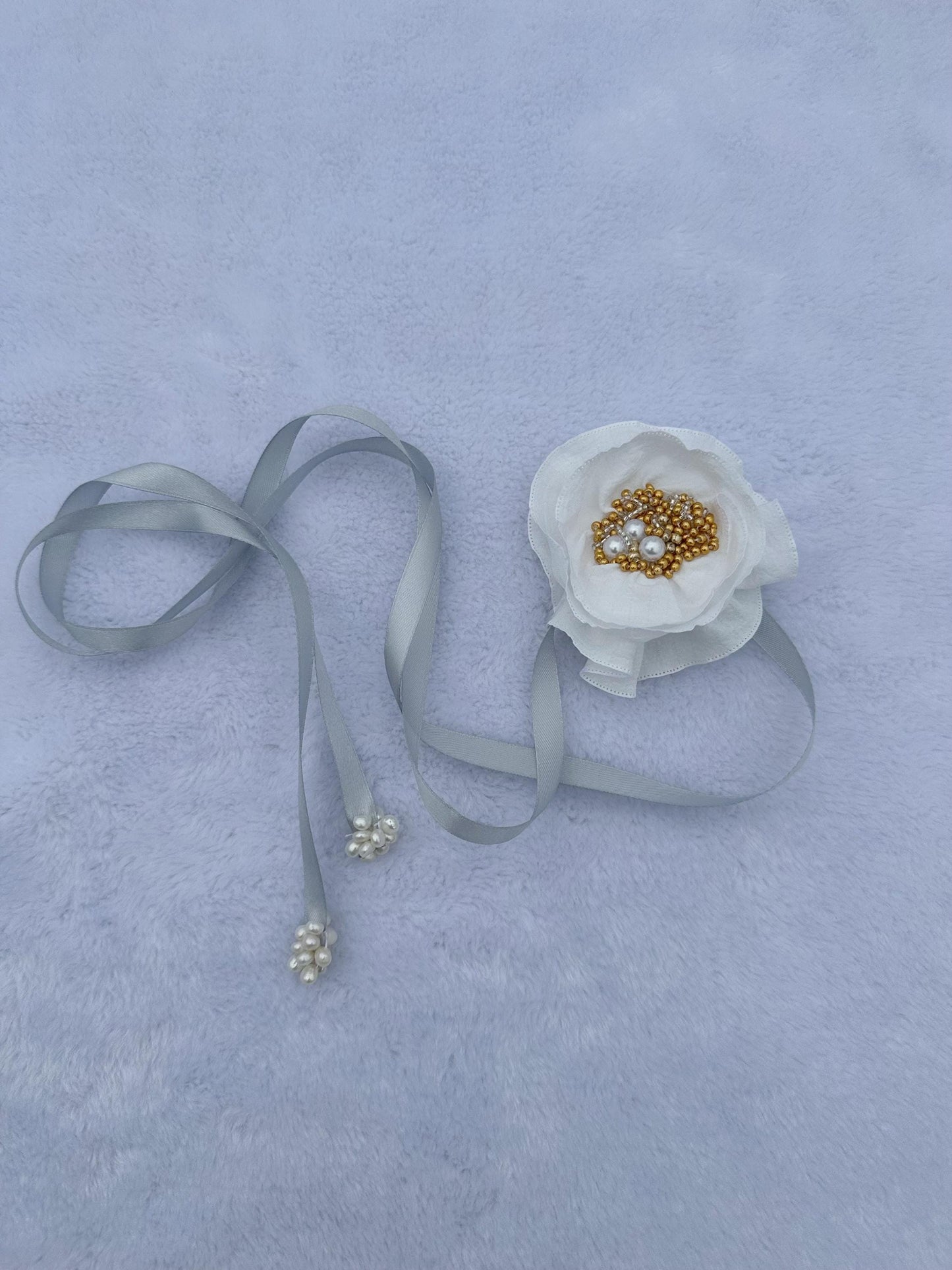 Handmade flower choker necklace with Peach color ribbon end with freshwater pearls