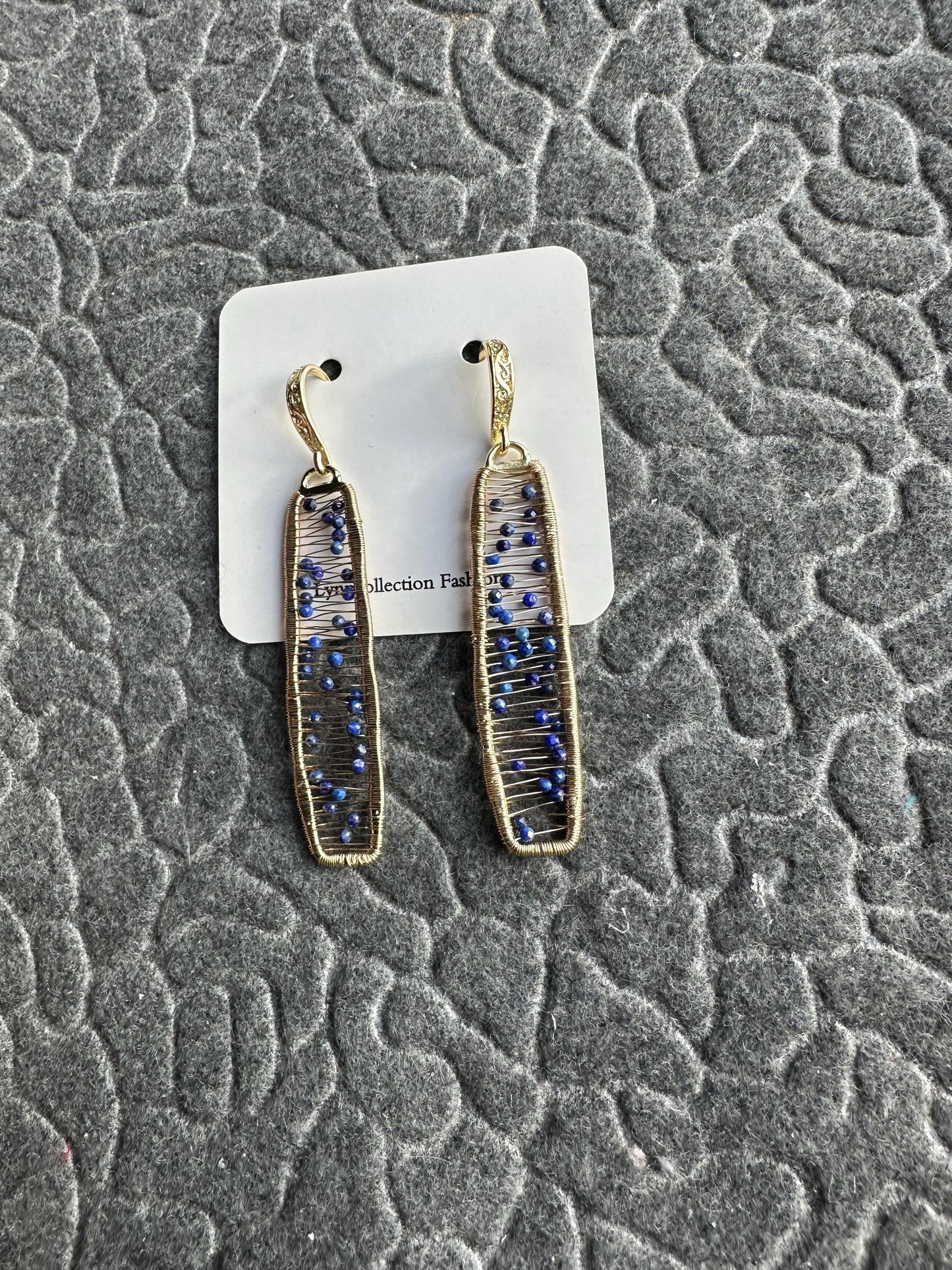 Handmade wire wrapped Earrings with 2mm Lapis Lazuli with gold plated 2.38inches length
