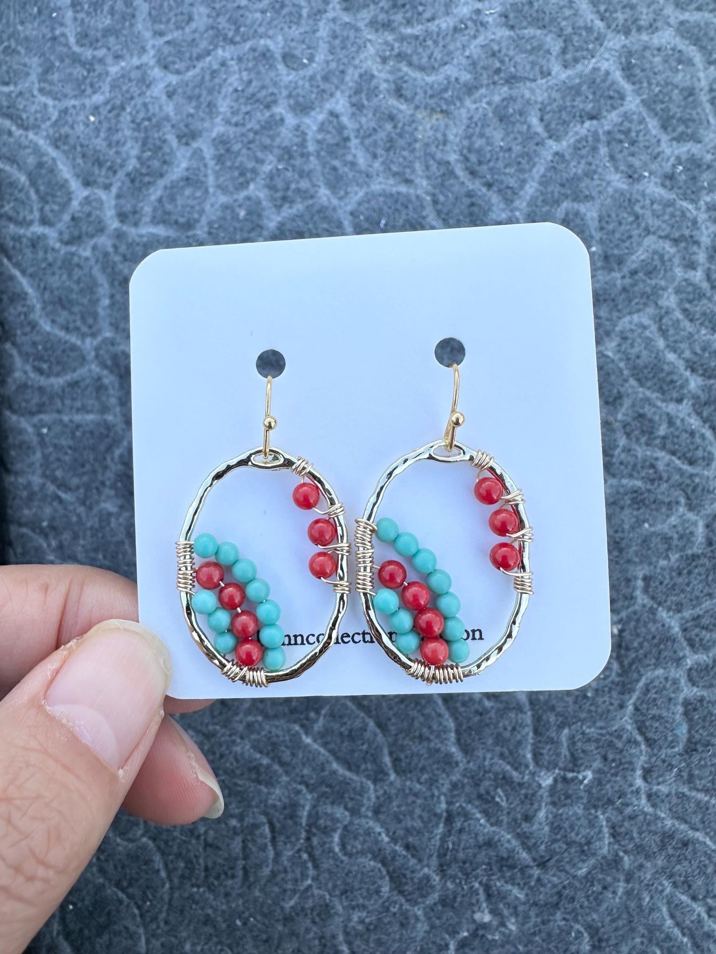 Handmade Earrings with 3mm Red coral and turquoise with 21.5mm X 30mm gold plated