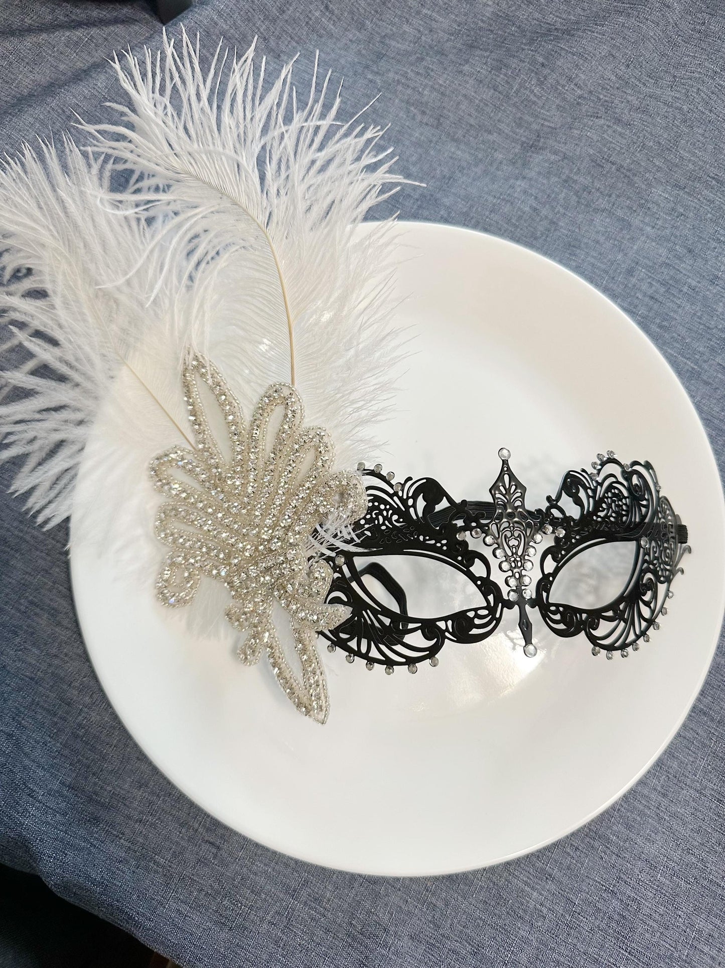 Handmade special design with Ostrich Feathers Masquerade Mask, Metal Mask Shiny Rhinestone Venetian Party Evening Prom Ball Mask