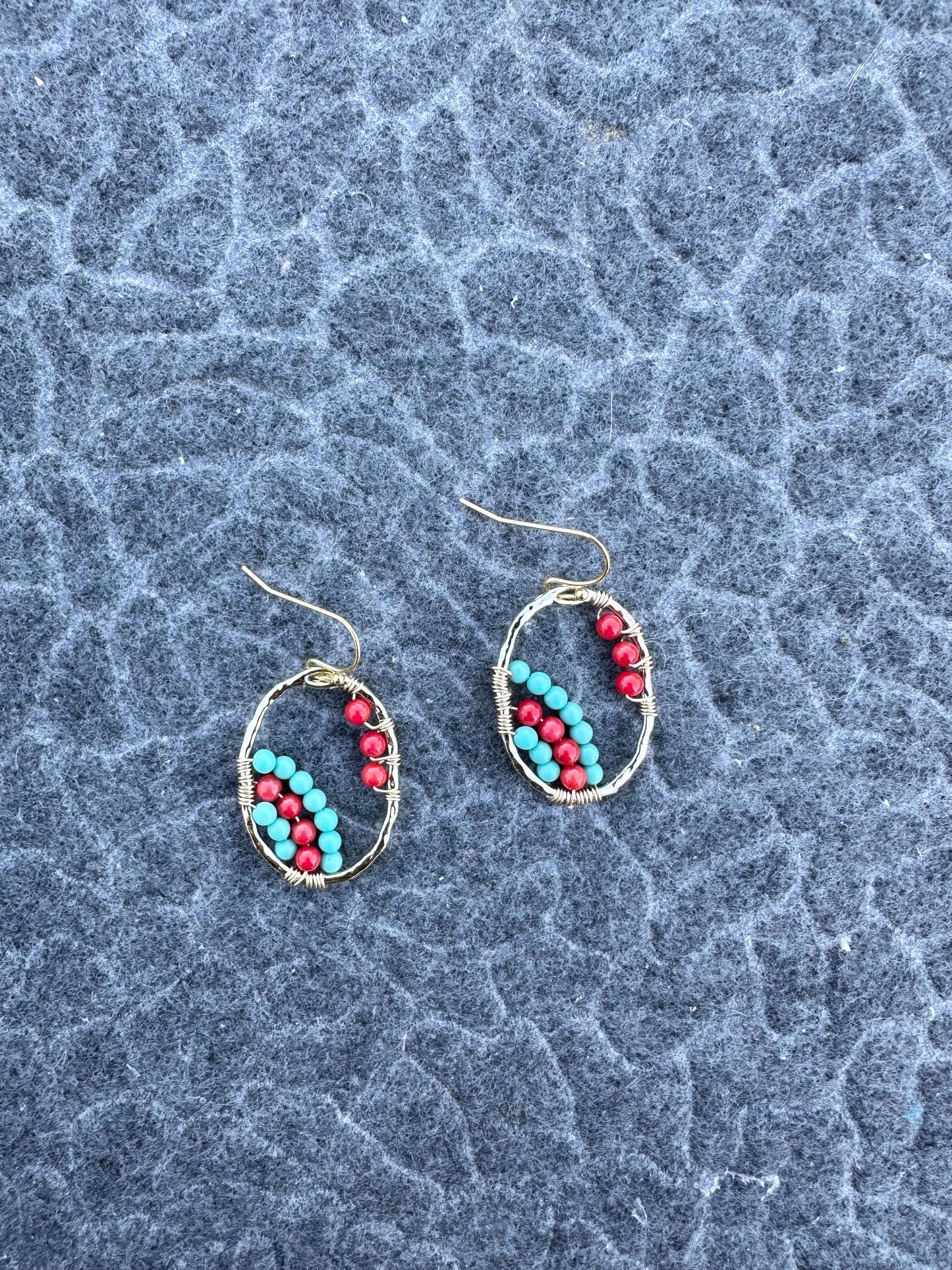 Handmade Earrings with 3mm Red coral and turquoise with 21.5mm X 30mm gold plated