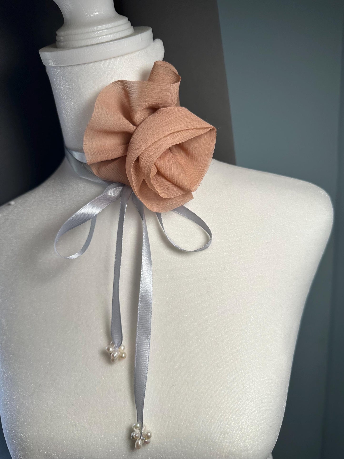Handmade flower choker necklace with Peach color ribbon end with freshwater pearls