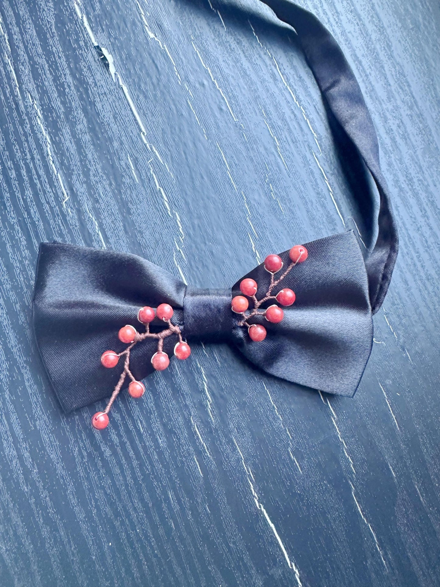Handmade Bow Tie for women Men,Boys – Black Satin Bow Tie Red Coral beads made Cherry Blossom Branch – Asian Inspired , Formal Accessory