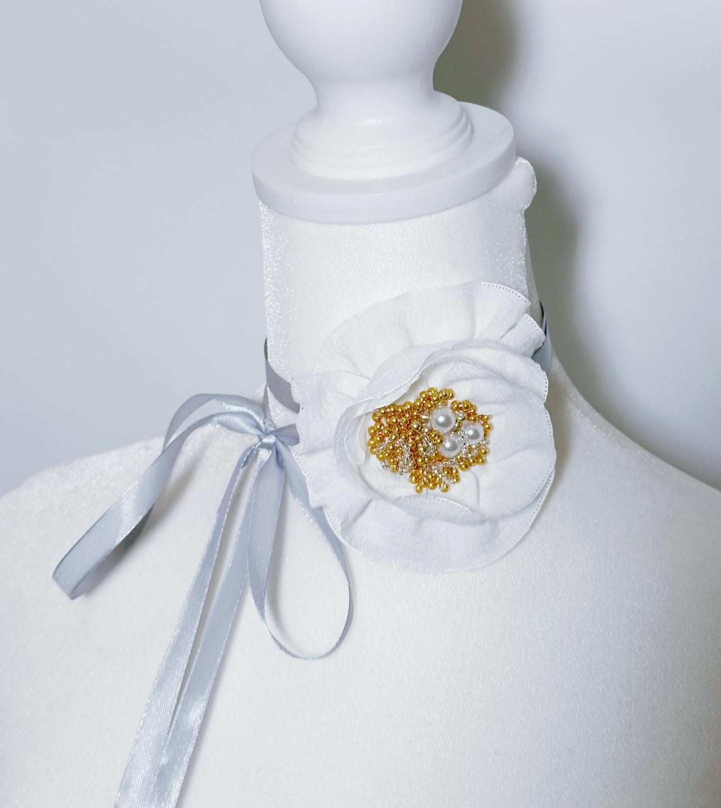 Handmade flower choker necklace with Peach color ribbon end with freshwater pearls