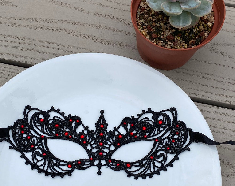 Black soft Lace Mask with Red Crystals