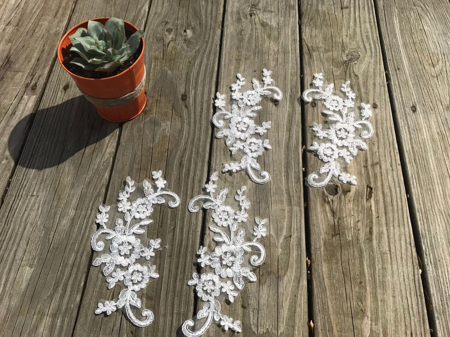 A95 Lace appliques ,wedding applique, Two Pairs Off White color Lace appliques,9 " length x 3 1/2" width Embroidered Appliques A95