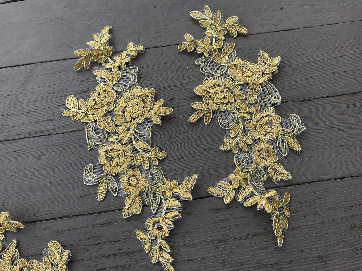 A124 Lace appliques ,wedding applique, Two Pairs gold color Lace appliques, Embroidered Appliques