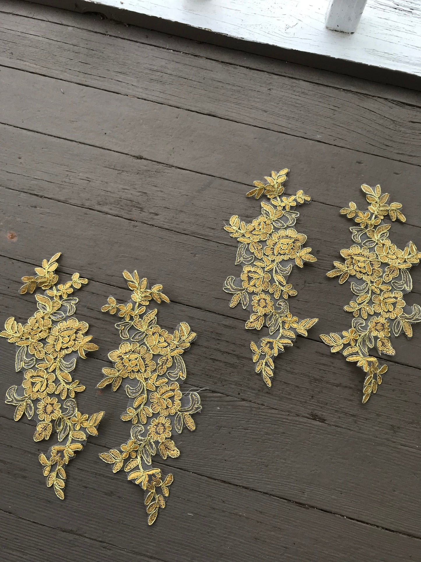 A124 Lace appliques ,wedding applique, Two Pairs gold color Lace appliques, Embroidered Appliques