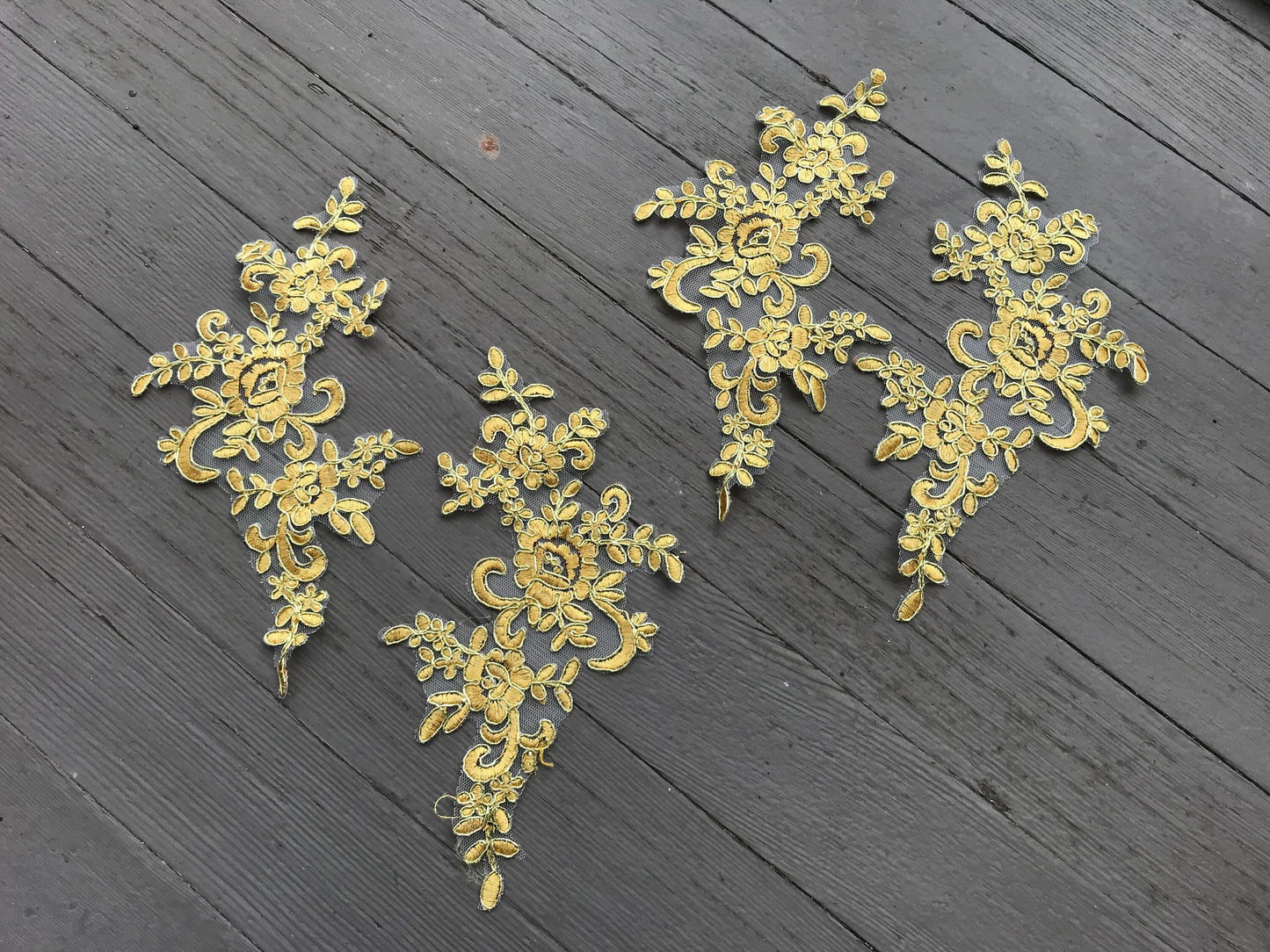 A110 Lace appliques ,wedding applique, Two Pairs gold color Lace appliques, Embroidered Appliques