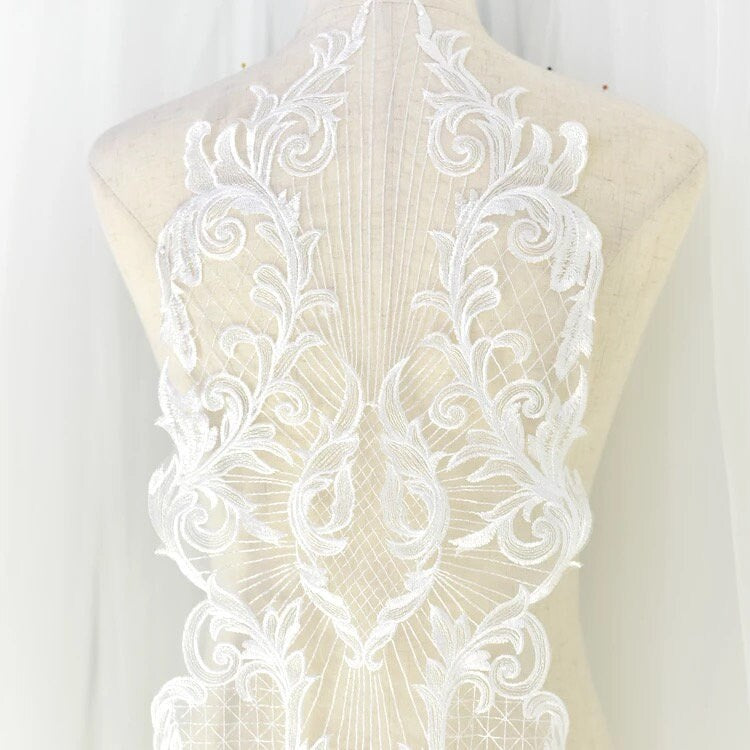 E14 One Piece Off White Color Lace Neckline Trim applique,Wedding Dress applique, Lace Neckline Trim Embroidery Patch size: 46”X11”