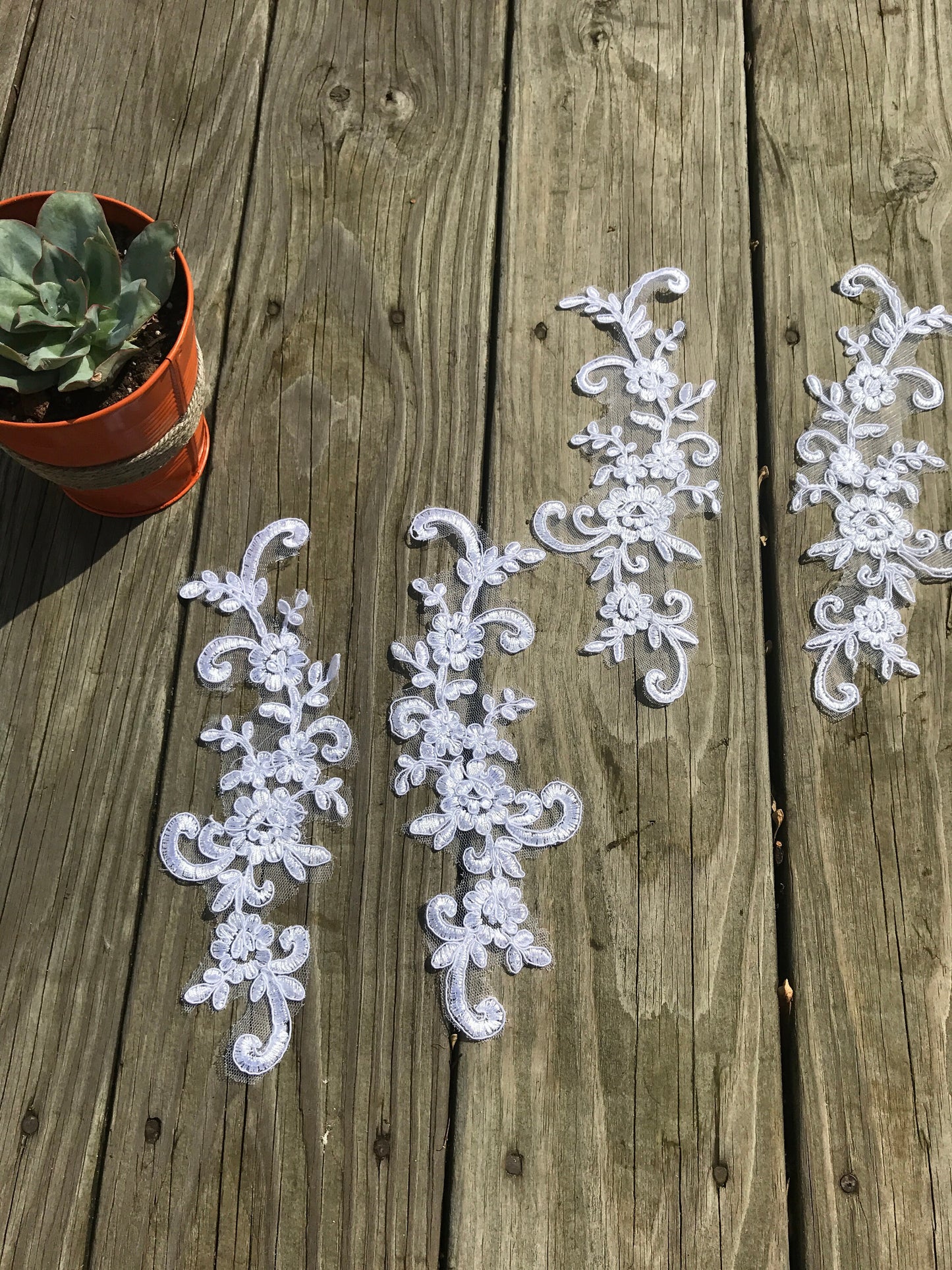 A87 Lace appliques ,wedding applique, TWO PAIRS White color Lace appliques,10" length x 3" width Embroidered Appliques A87