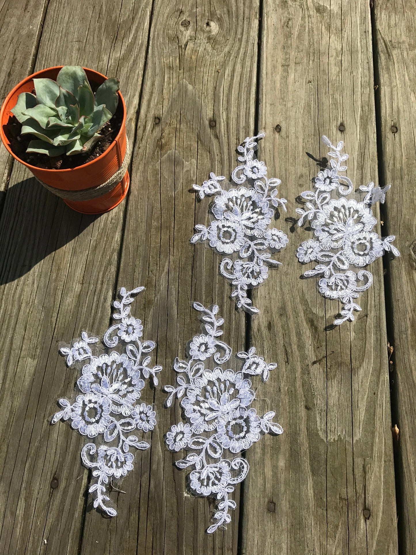 A90 Lace appliques ,wedding applique, TWO PAIRS White color Lace appliques,8 1/2" length x 4" width Embroidered Appliques