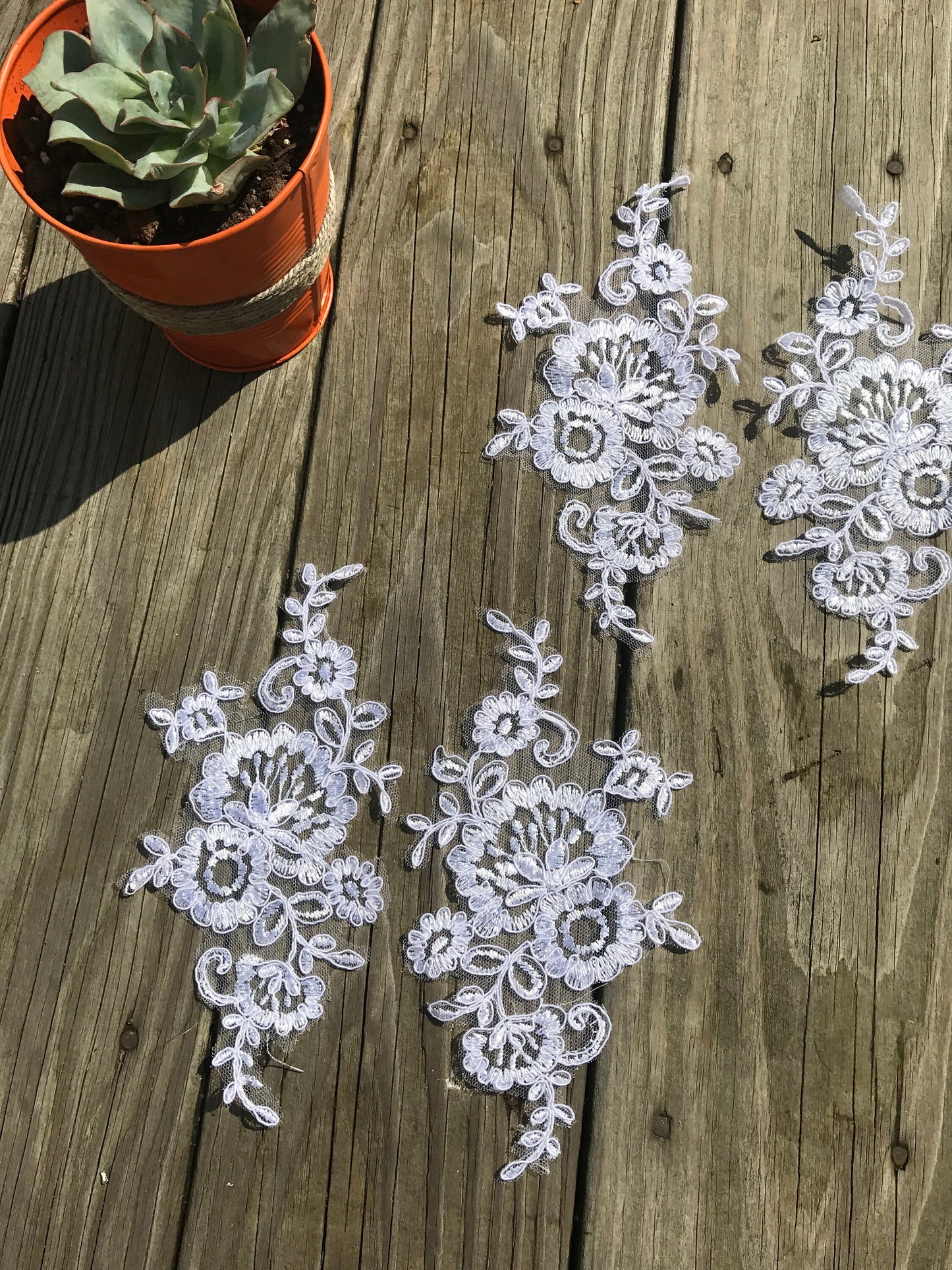A90 Lace appliques ,wedding applique, TWO PAIRS White color Lace appliques,8 1/2" length x 4" width Embroidered Appliques