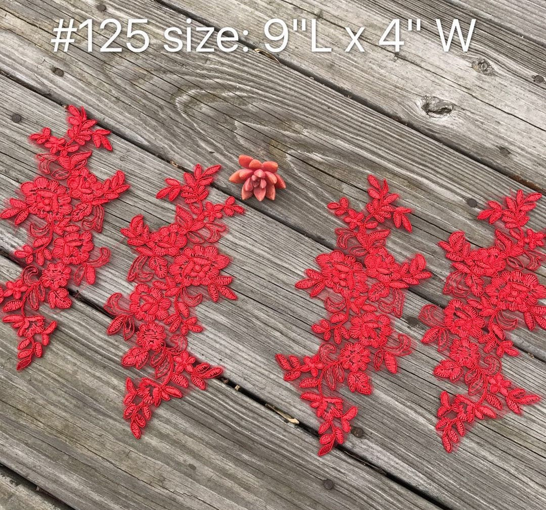 A125 Lace appliques ,wedding applique, Two Pairs red color Lace appliques,Embroidered Appliques