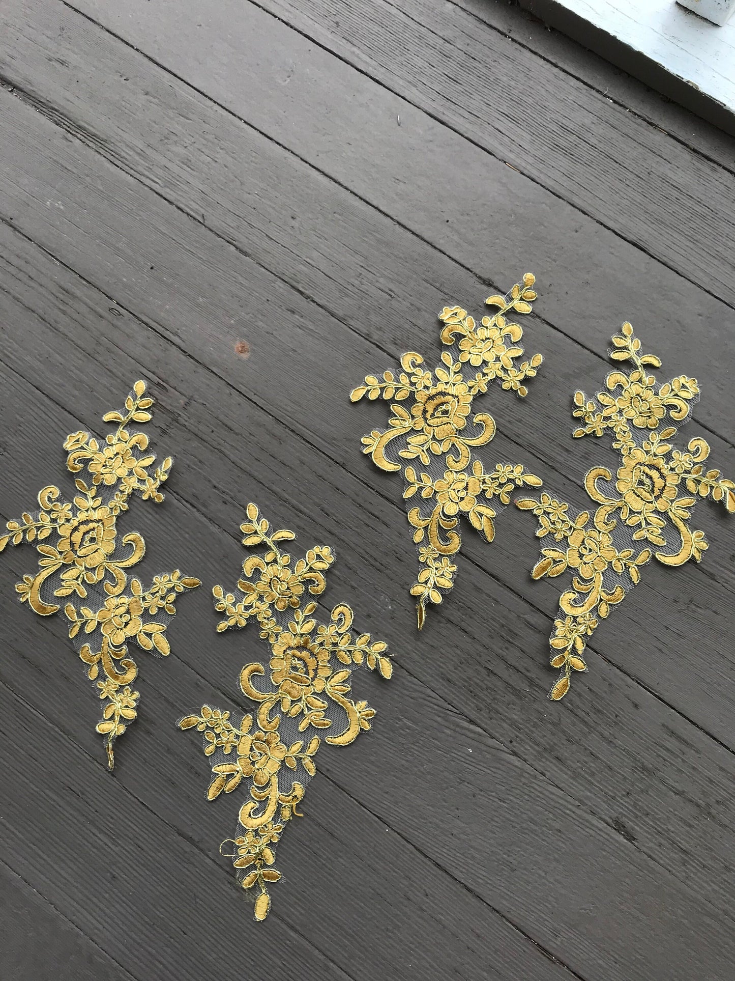 A110 Lace appliques ,wedding applique, Two Pairs gold color Lace appliques, Embroidered Appliques