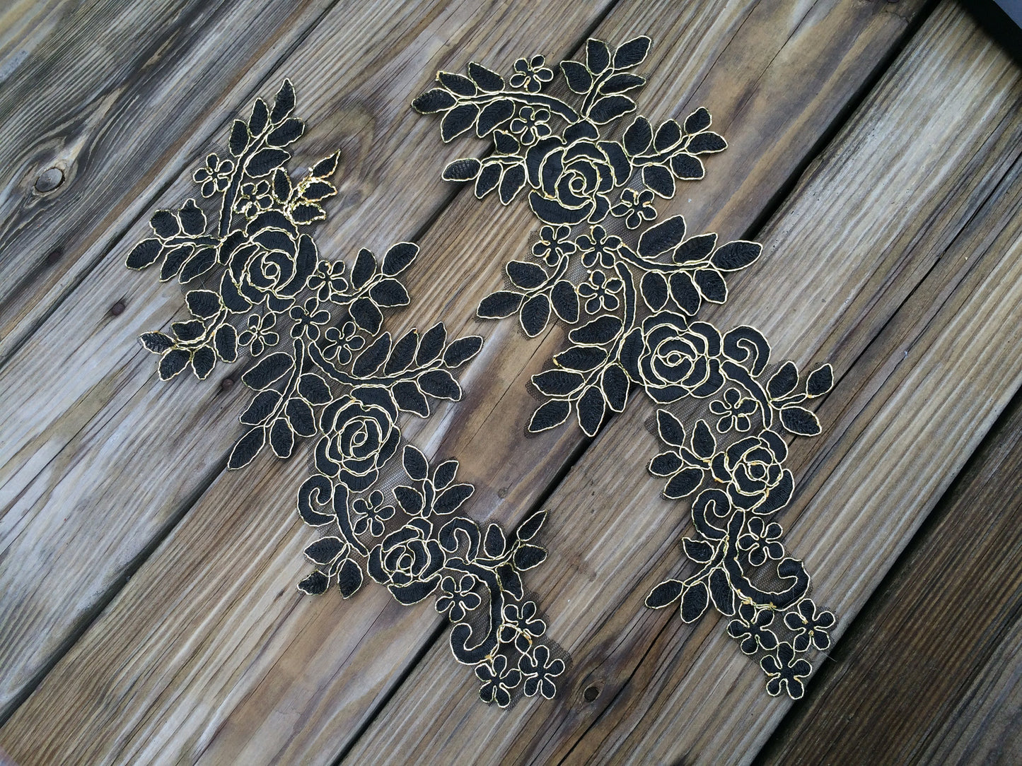 A114 Lace appliques ,wedding applique, Two Pairs Black color with gold bone Lace appliques, Embroidered Appliques