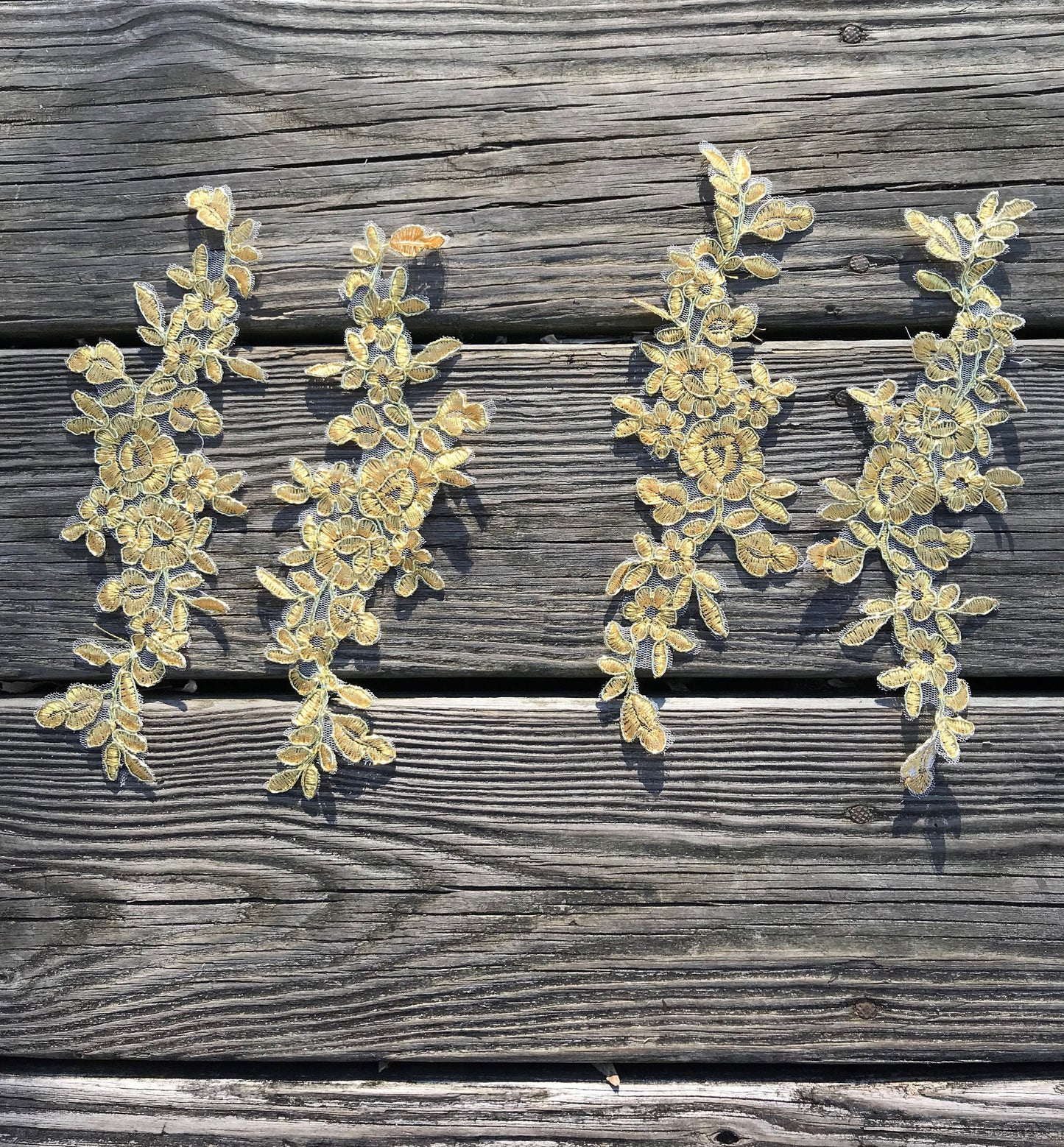 A113 Lace appliques ,wedding applique, Two Pairs gold color Lace appliques, Embroidered Appliques