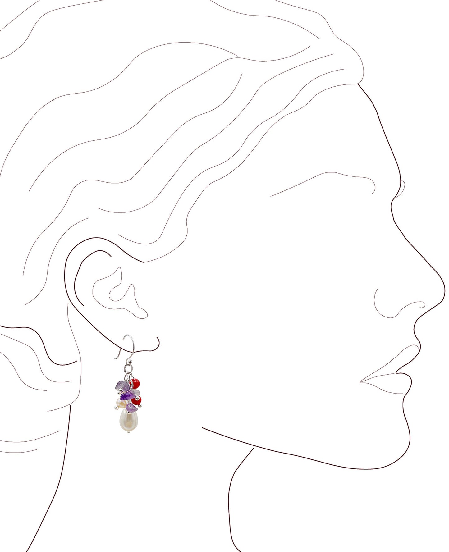 Dangle Earrings, 925 Sterling Silver Hook with Swarovski pearls and red coral, Amethyst