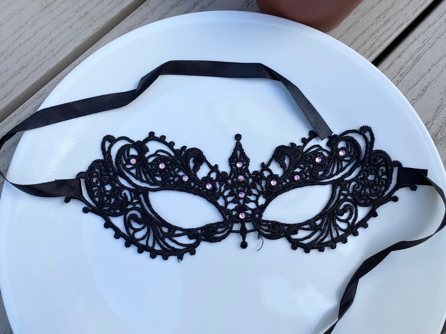 Black soft Lace Mask with pink color Crystals Glass Rhinestone , Embroidery Mask, Black Mask, Party Mask, Wedding Mask, Halloween Mask