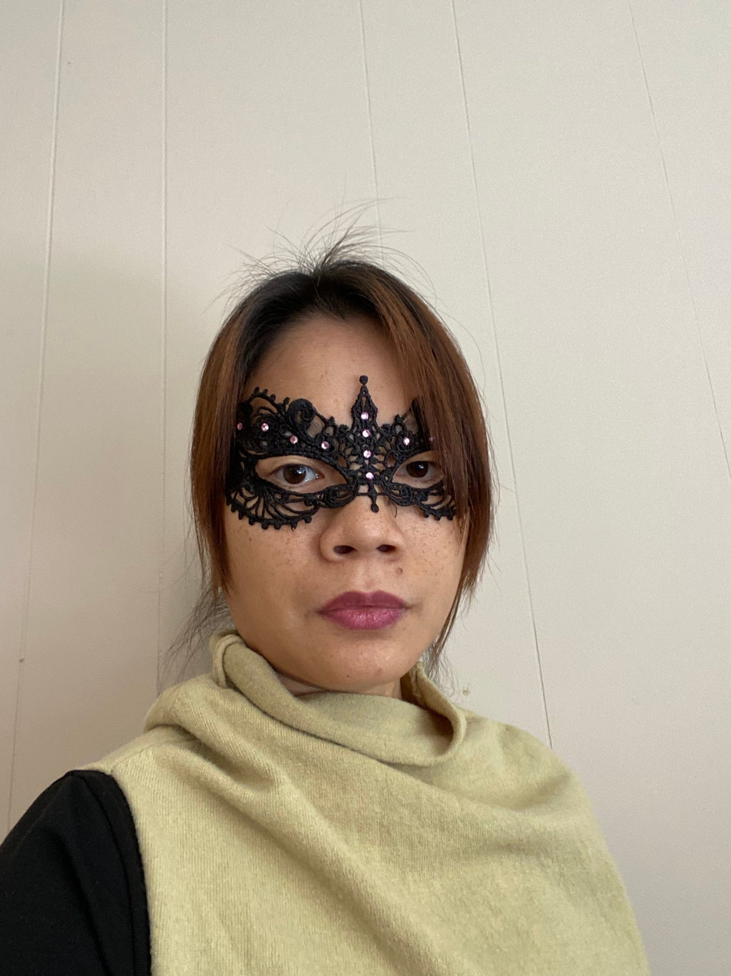 Black soft Lace Mask with pink color Crystals Glass Rhinestone , Embroidery Mask, Black Mask, Party Mask, Wedding Mask, Halloween Mask