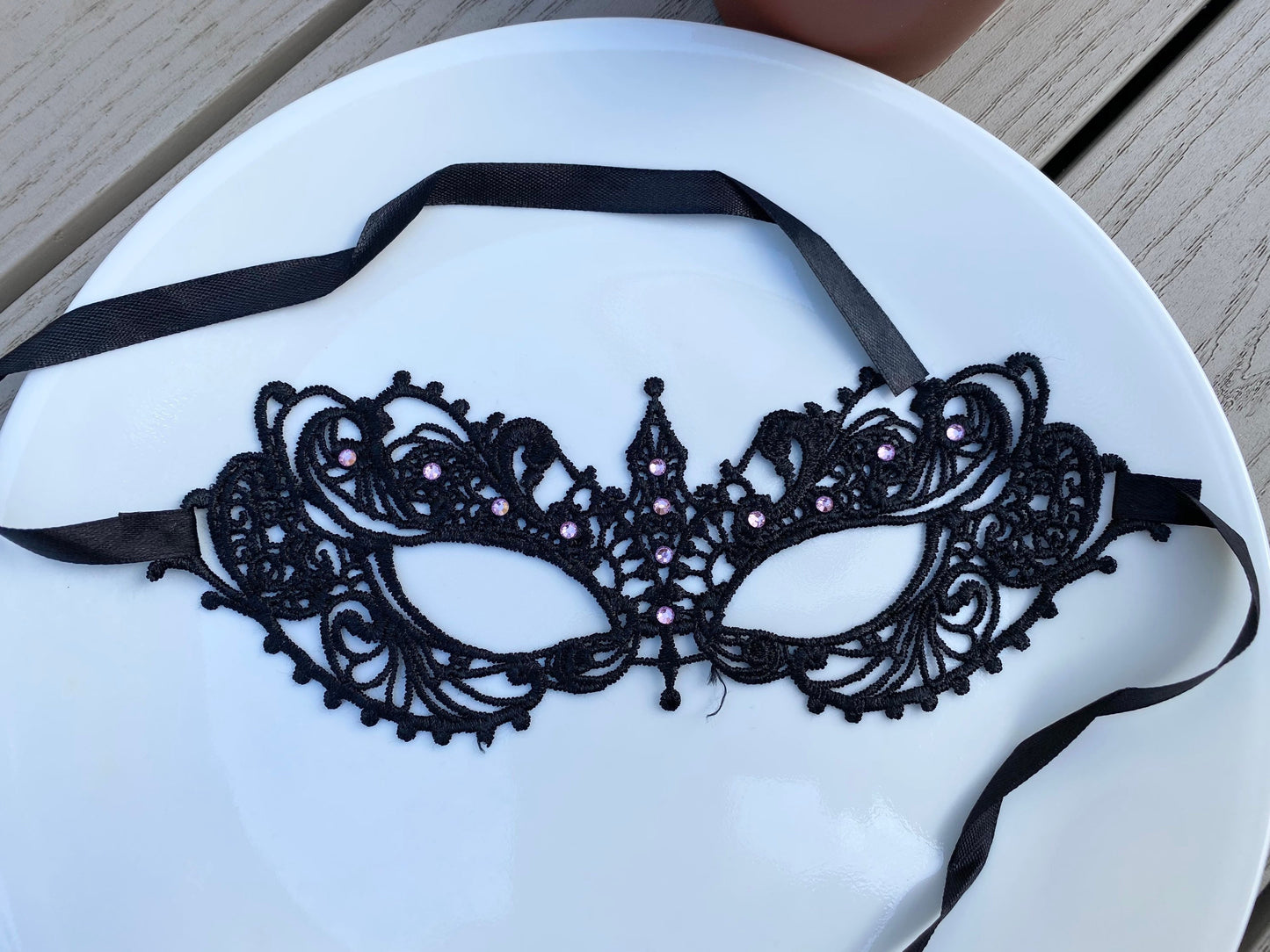 Black soft Lace Mask with pink color Crystals Glass Rhinestone , Embroidery Mask, Black Mask, Party Mask, Wedding Mask, Halloween Mask