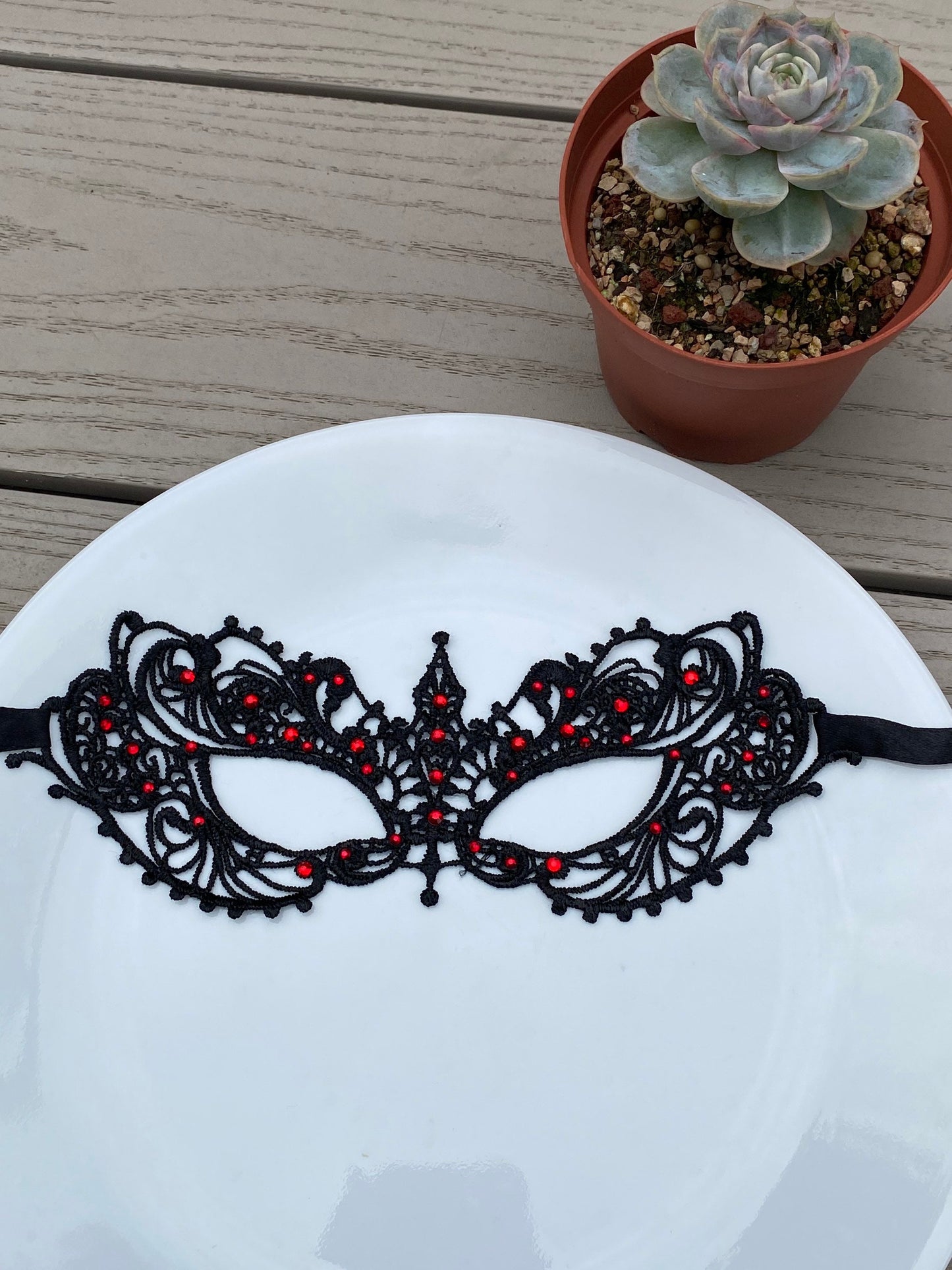 Black soft Lace Mask with Red color Crystals Glass Rhinestone , Embroidery Mask, Black Mask, Party Mask, Wedding Mask, Halloween Mask