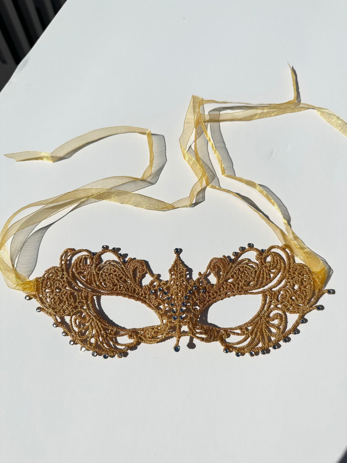 Gold Color Lace Mask with clear color Crystals Glass Rhinestone , Embroidery Mask, Party Mask, Wedding Mask, Halloween Mask
