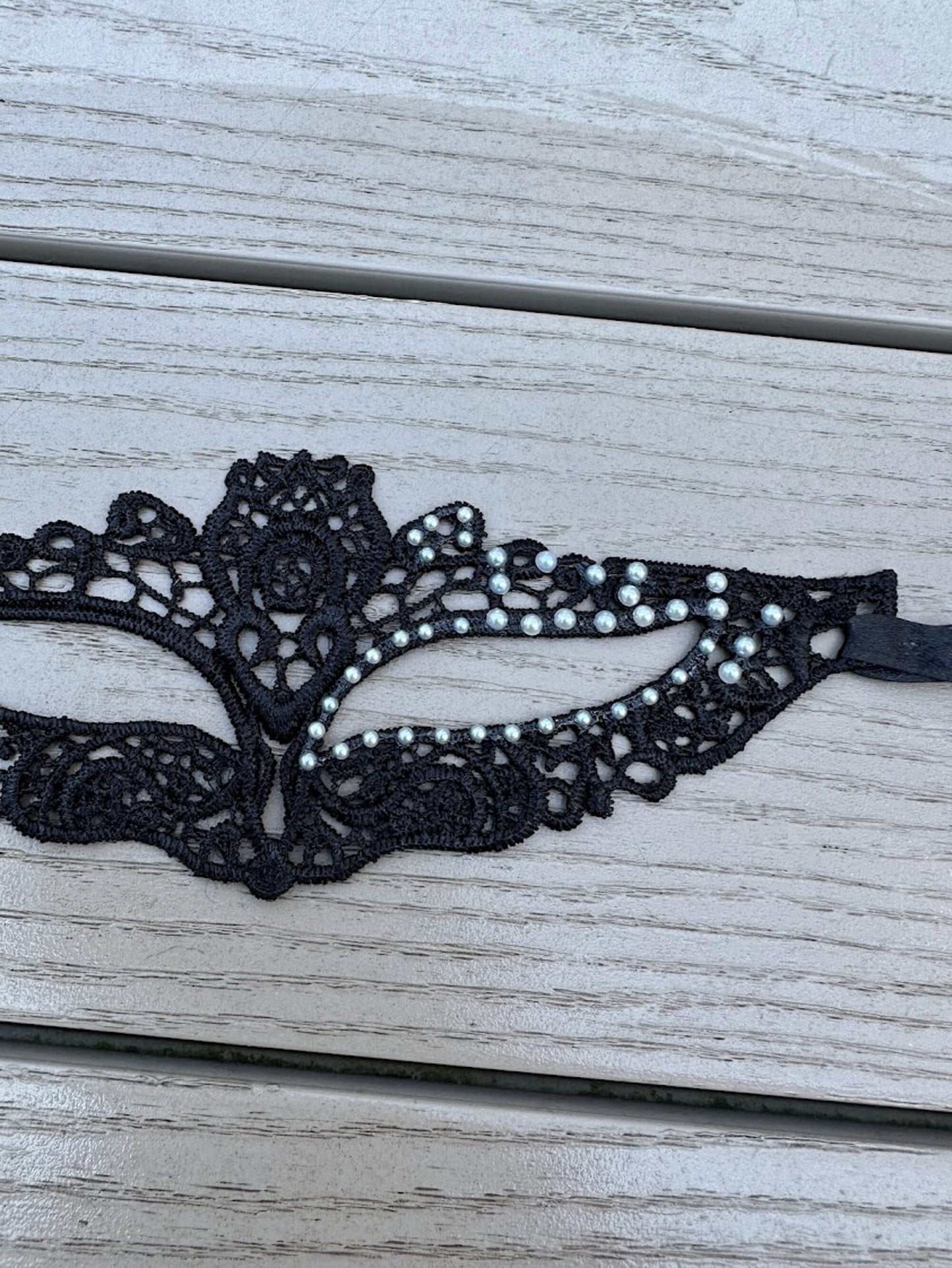 White Resin Pearls with Black soft Lace Mask, Embroidery, Appliques, Black Mask, Party Mask, Wedding Mask, Halloween Mask