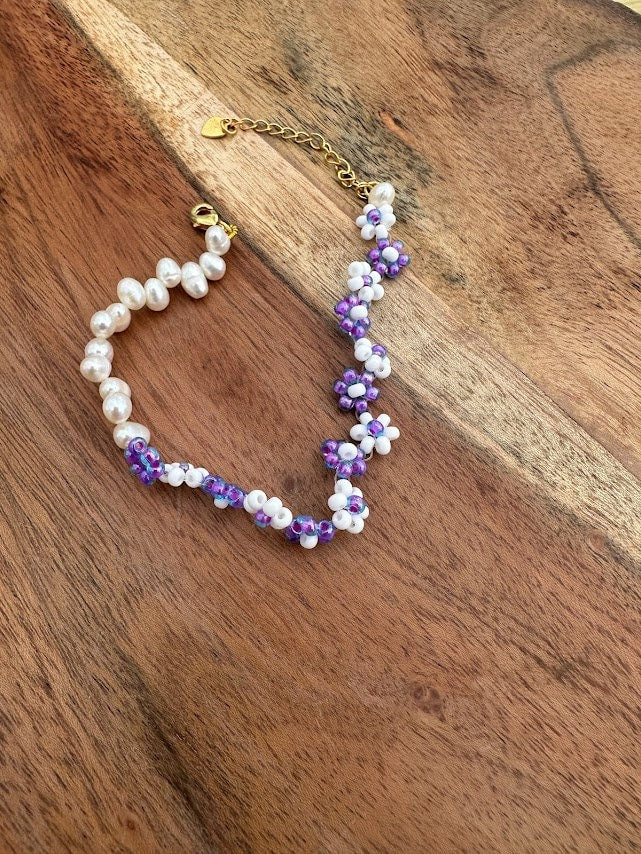 14k gold plated with seeds beads and fresh water pearls handmade bracelet