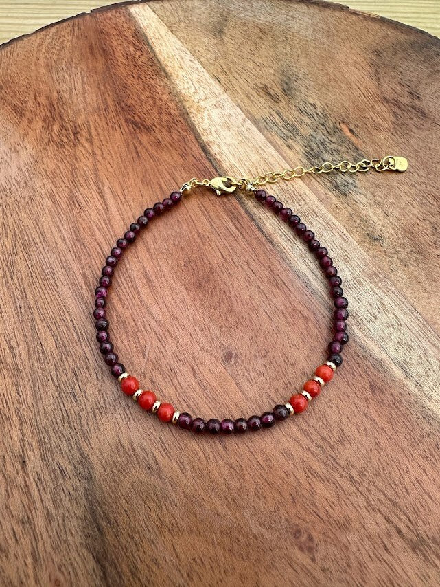 14k gold plated with Garnet and Coral handmade bracelet