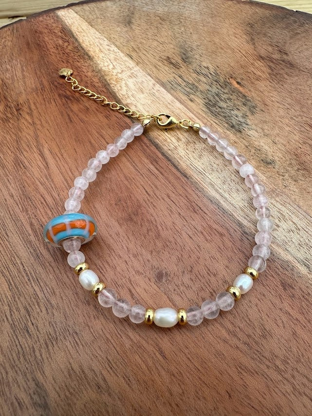 18k gold plated with Rose Quartz handmade bracelet