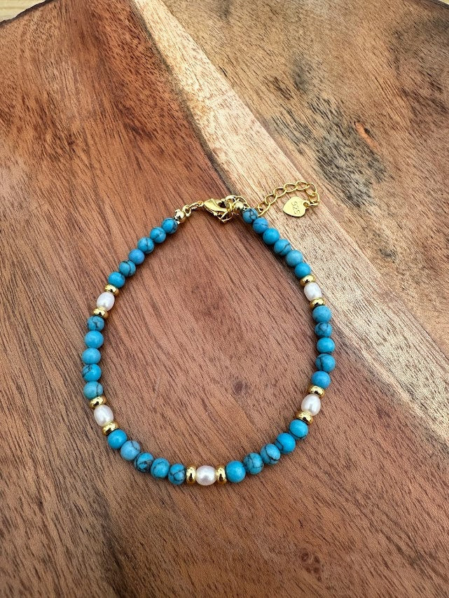 18k gold plated with Freshwater pearl And Turquoise handmade bracelet