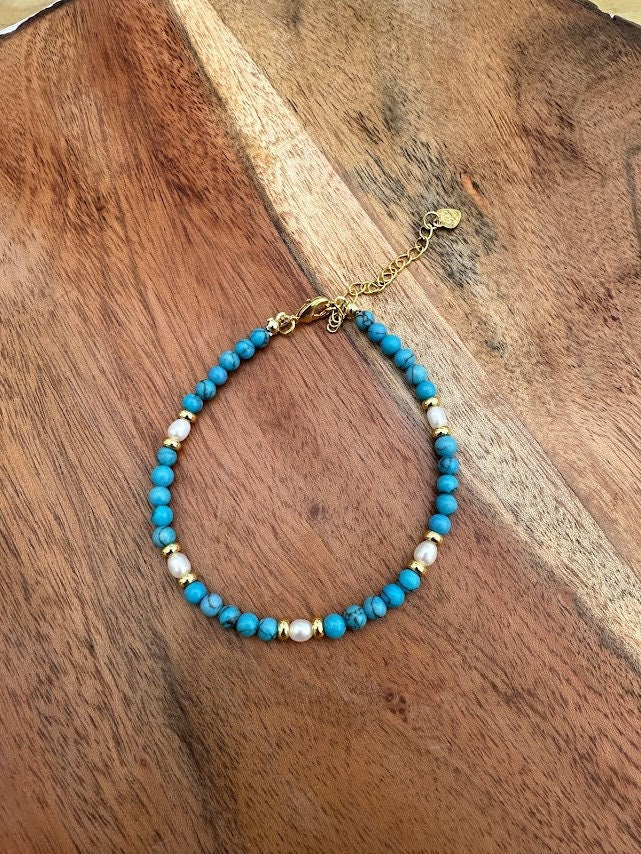 18k gold plated with Freshwater pearl And Turquoise handmade bracelet