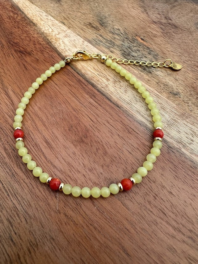 18k gold plated with Coral Beads and lemon jade Gemstone handmade bracelet