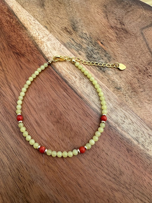 18k gold plated with Coral Beads and lemon jade Gemstone handmade bracelet