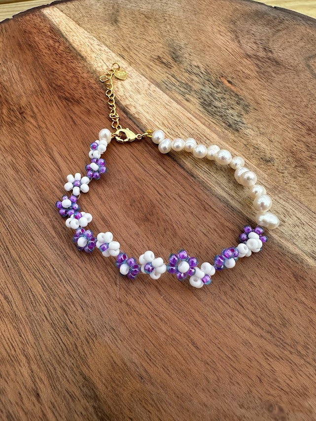 14k gold plated with seeds beads and fresh water pearls handmade bracelet