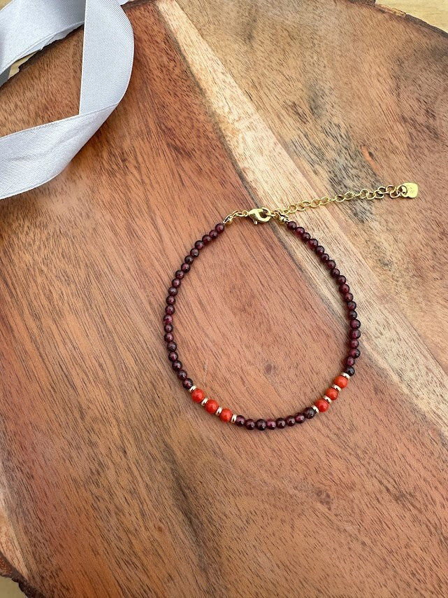 14k gold plated with Garnet and Coral handmade bracelet
