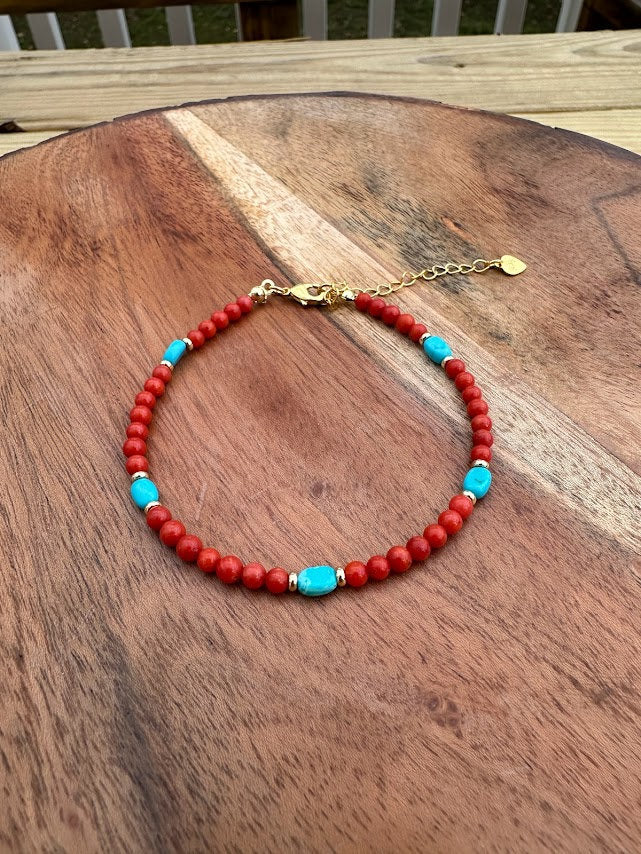 14k gold plated with Red Coral And Turquoise handmade bracelet
