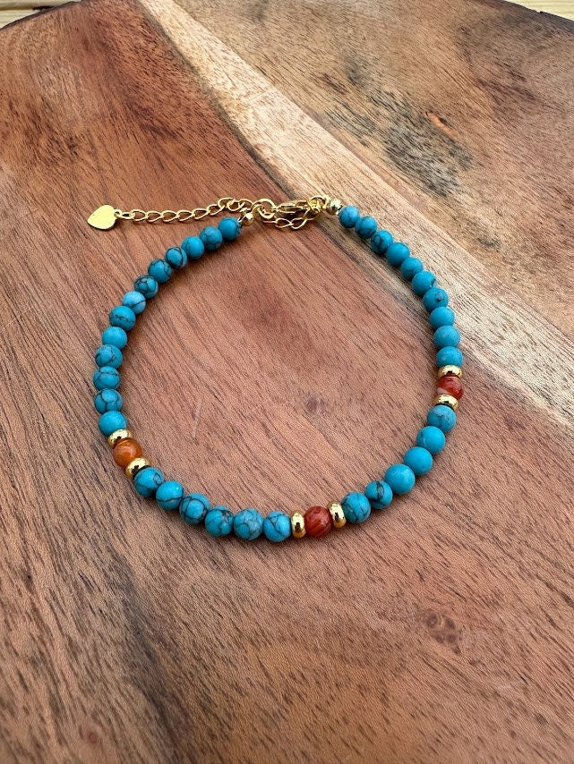 18k gold plated with Red Agate And Turquoise handmade bracelet