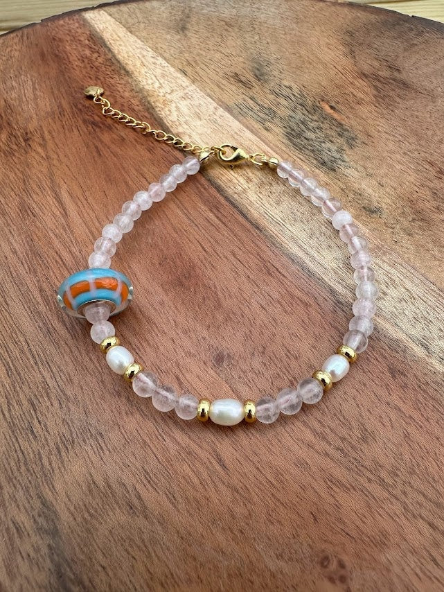 18k gold plated with Rose Quartz handmade bracelet