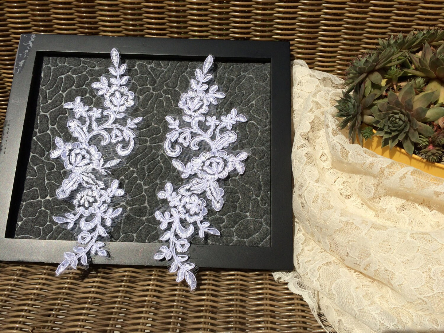 A92 Lace appliques ,wedding applique, TWO PAIRS White color Lace appliques,9" length x 3" width Embroidered Appliques A92