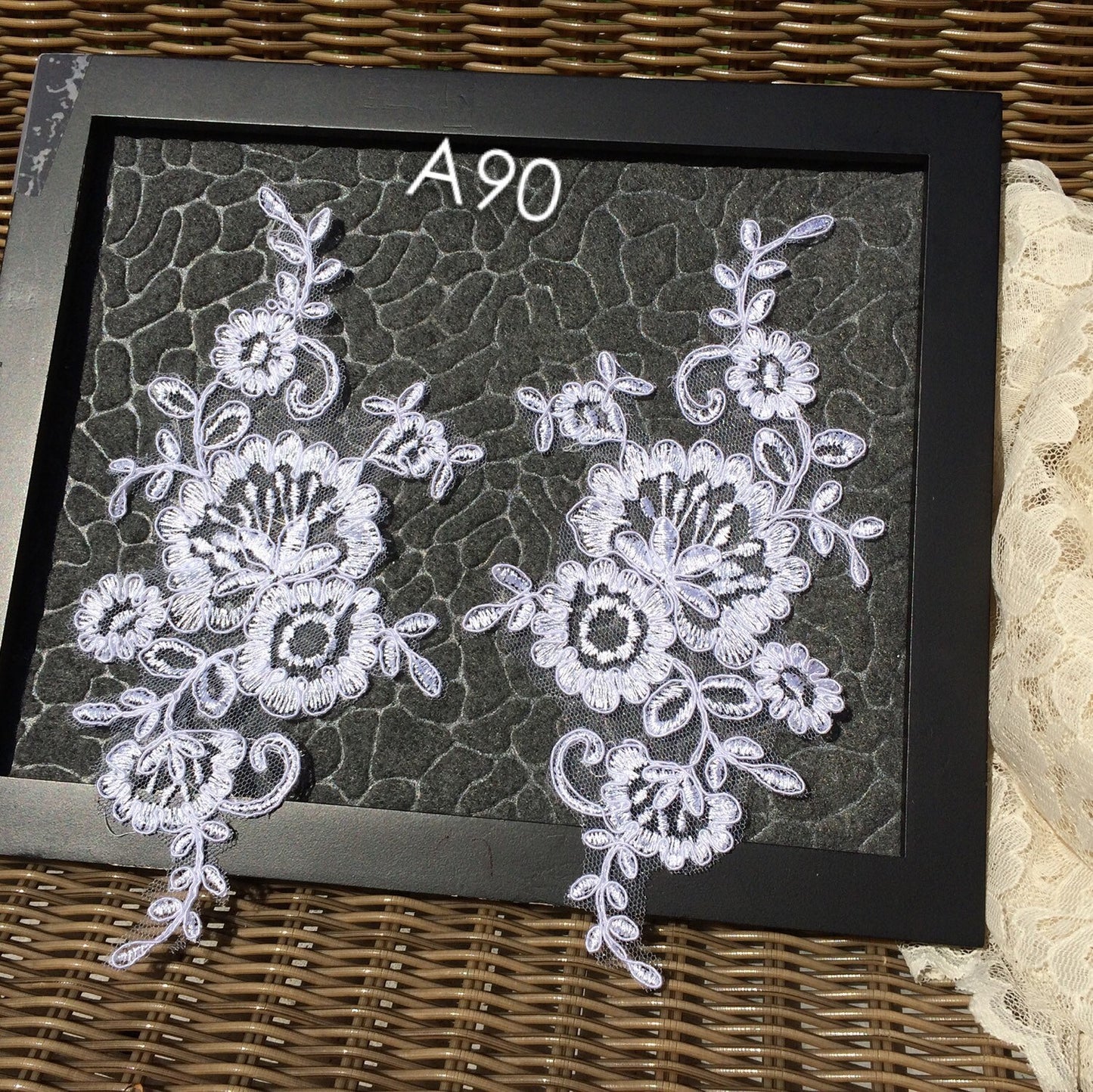 A90 Lace appliques ,wedding applique, TWO PAIRS White color Lace appliques,8 1/2" length x 4" width Embroidered Appliques