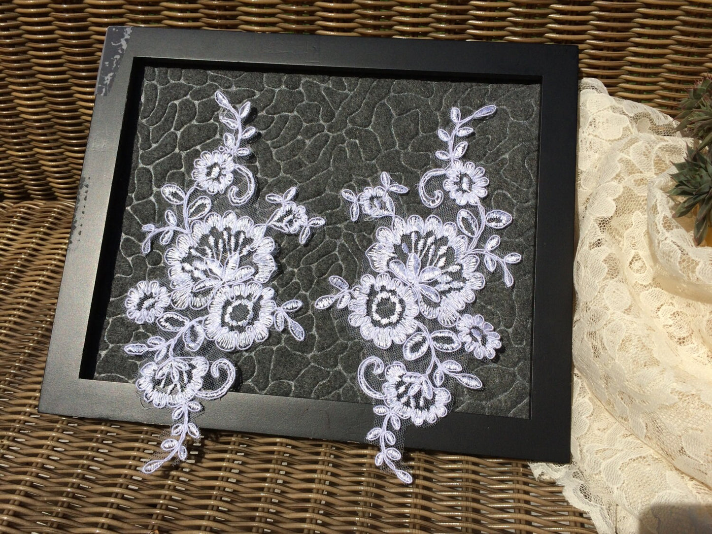 A90 Lace appliques ,wedding applique, TWO PAIRS White color Lace appliques,8 1/2" length x 4" width Embroidered Appliques