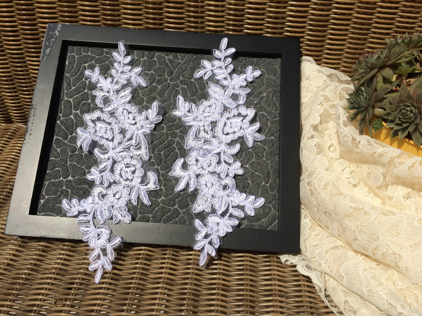 A94 Lace appliques ,wedding applique, TWO PAIRS White color Lace appliques,10" length x 4" width Embroidered Appliques A94