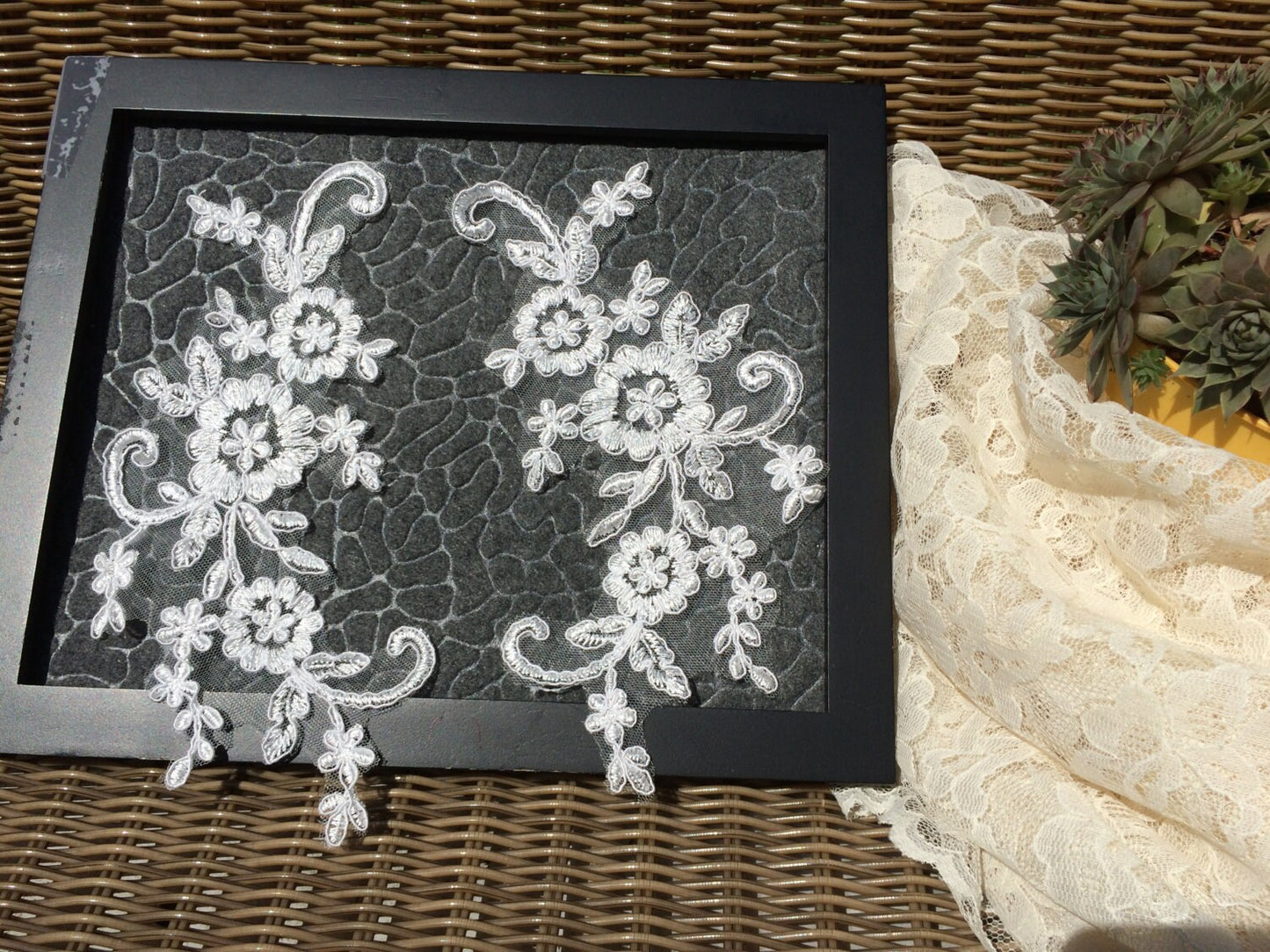A95 Lace appliques ,wedding applique, Two Pairs Off White color Lace appliques,9 " length x 3 1/2" width Embroidered Appliques A95