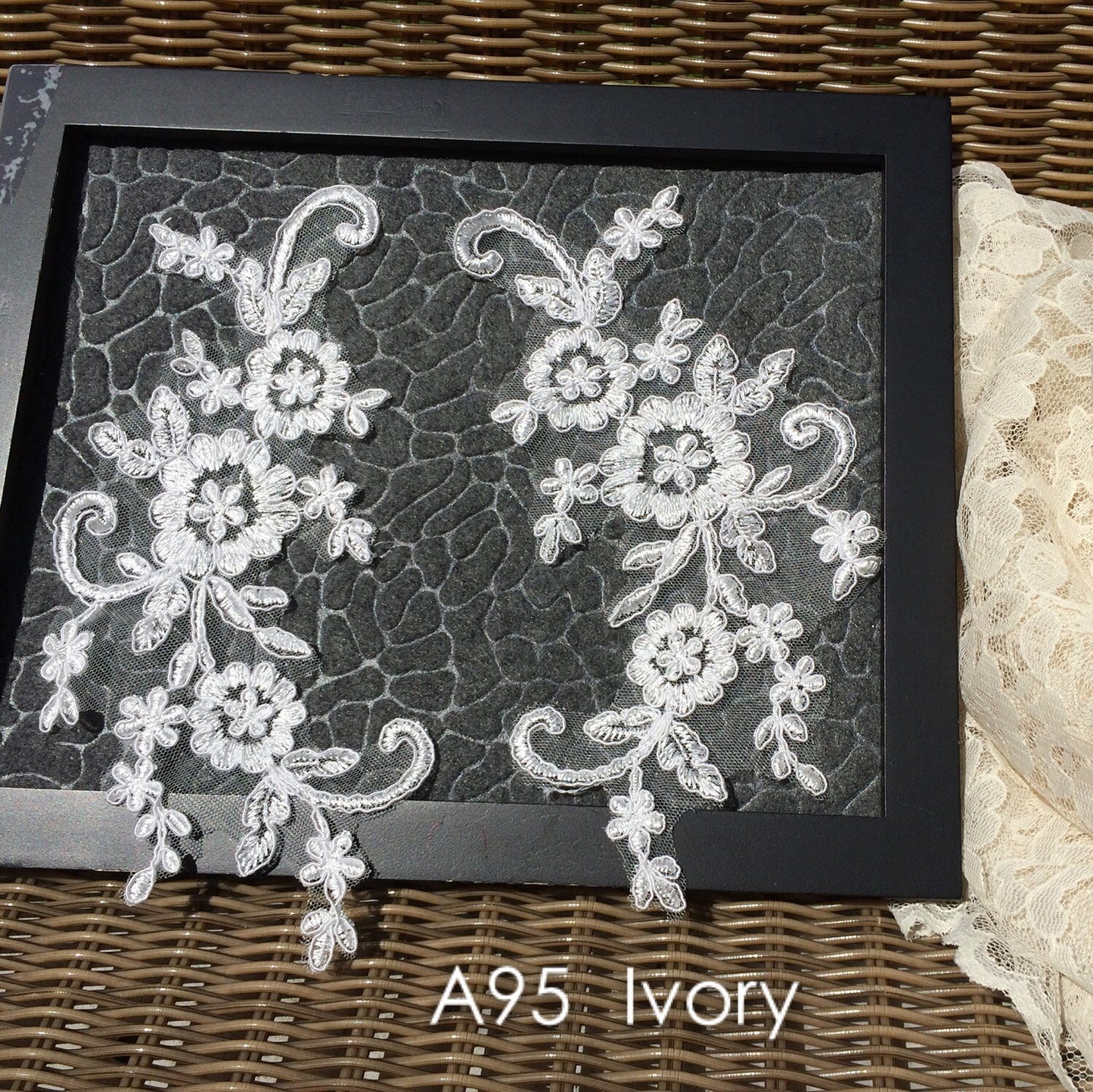 A95 Lace appliques ,wedding applique, Two Pairs Off White color Lace appliques,9 " length x 3 1/2" width Embroidered Appliques A95